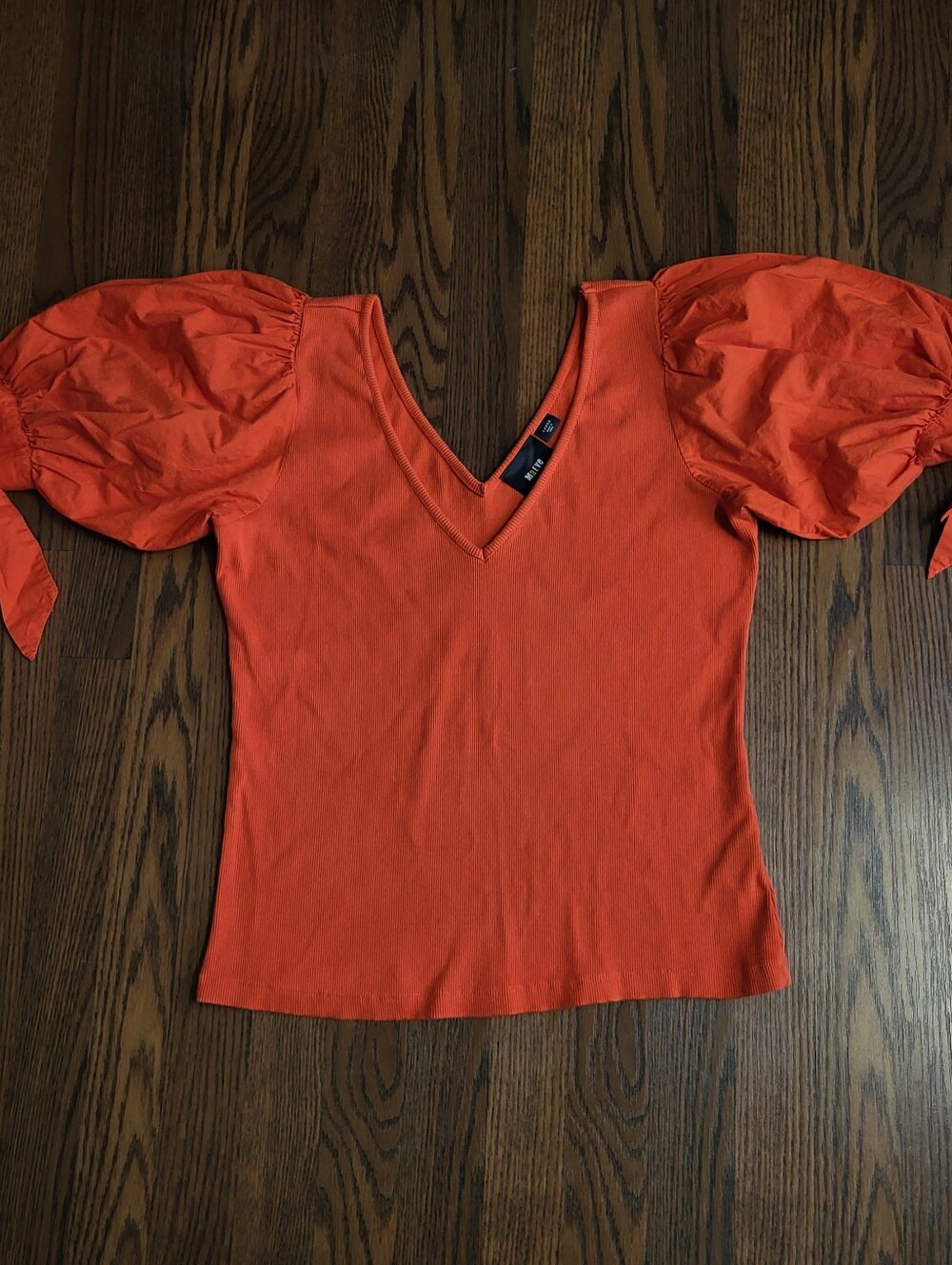 Womens Orange MAEVE Ribbed Knit Top BIG Bubble PUFF SLEEVES Blouse Shirt sz L